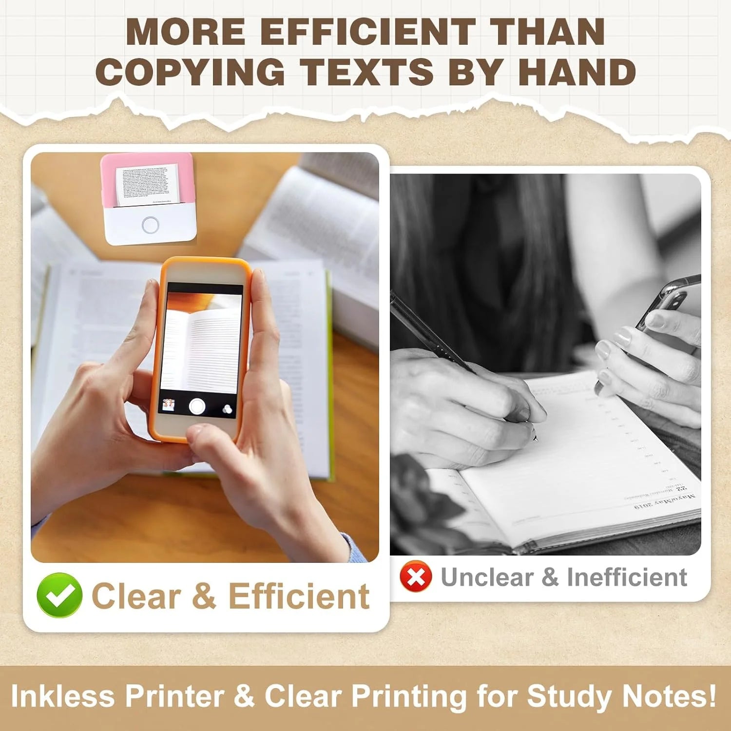 SLOK Thermal Mini Printer, Portable Inkless Bluetooth Sticker Maker with 10 Rolls Paper, Pink